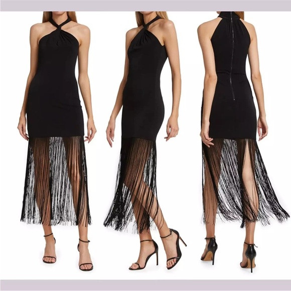 Alice + Olivia Steph Halter Neck Fringe Hem Dress in Black Size 2 - Picture 1 of 7